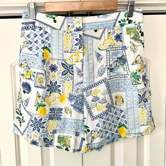 NWT J. Crew  Printed Elastic-back Linen Blend Pleated Shorts in Blue/Green - Picture 6 of 9
